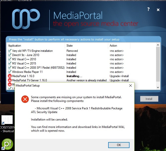 Mp 1 16 Installation Failure Due To Microsoft Visual C 08 Service Pack 1 Atl Security Mediaportal An Open Source Windows Media Center For Free